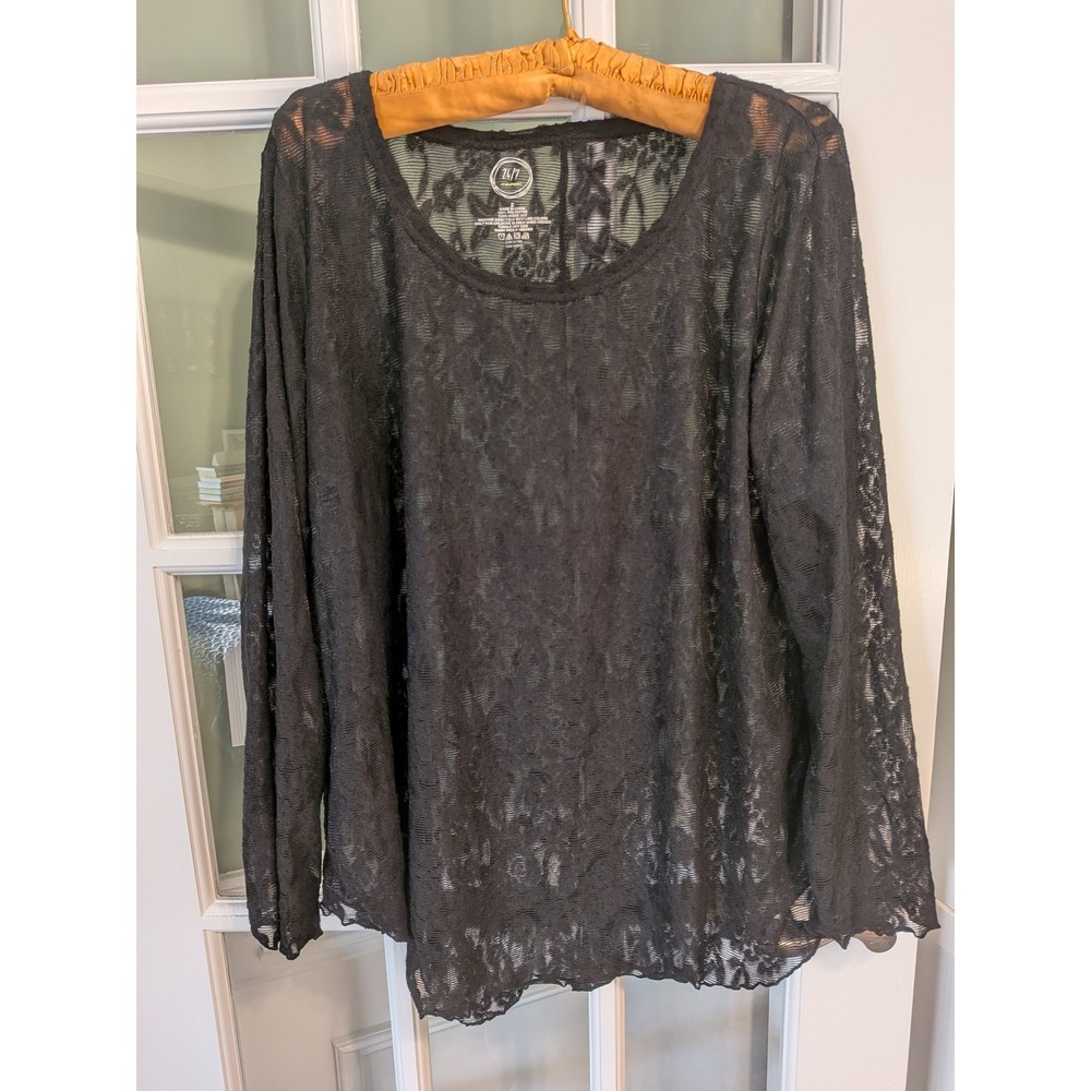 Maurices 24/7 Black Floral Lace Long Sleeve Scoop Neck Top Plus Size 2